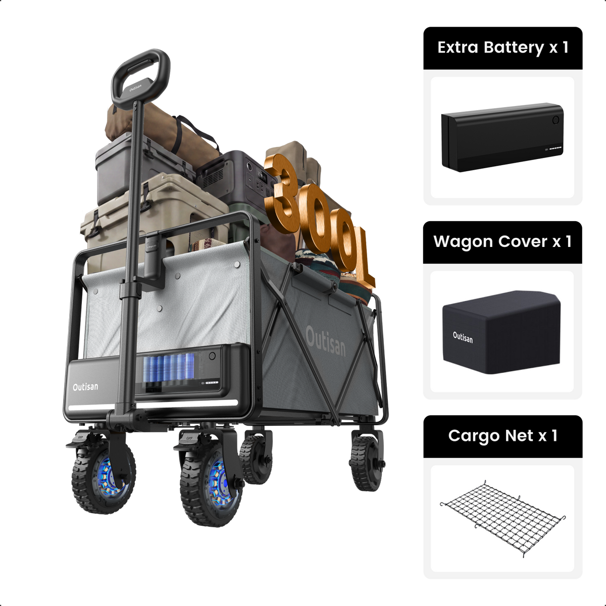 Outisan e-Wagon Air in gray with battery, wagon cover, and cargo net