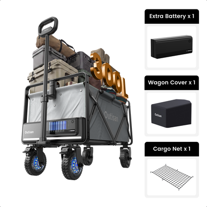Outisan e-Wagon Air in gray with battery, wagon cover, and cargo net