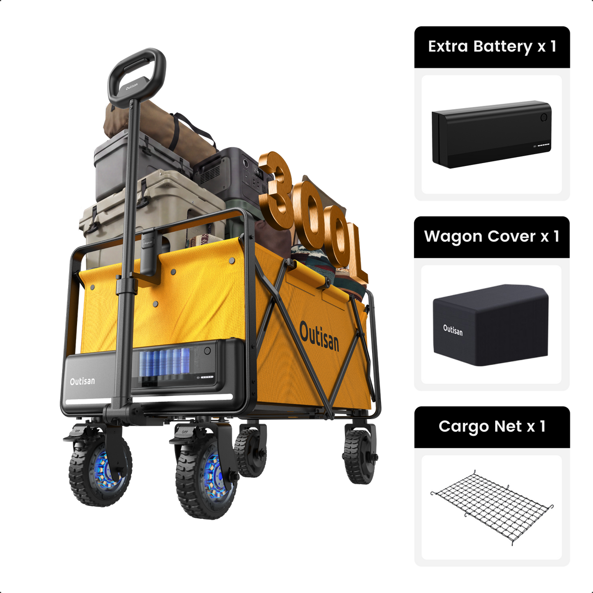 Outisan e-Wagon Air in yellow with battery, wagon cover, and cargo net