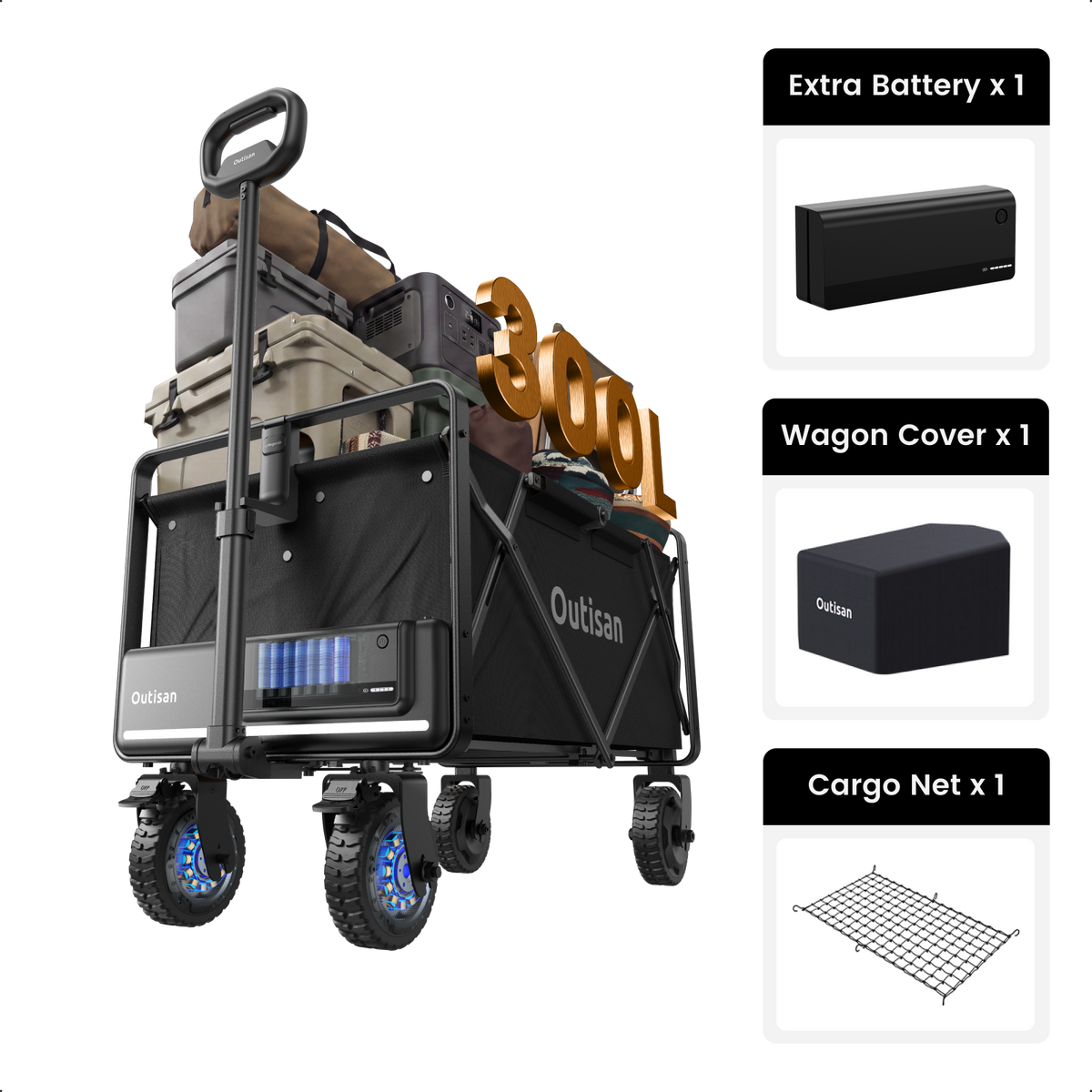 Outisan e-Wagon Air in black with battery, wagon cover, and cargo net