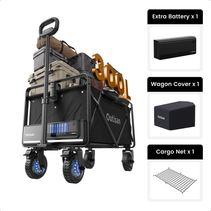 Outisan e-Wagon Air in black with battery, wagon cover, and cargo net